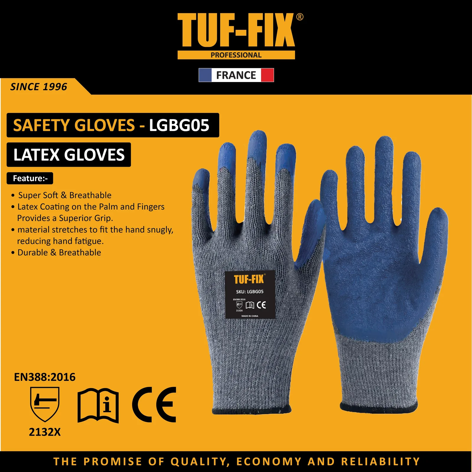 TUF-FIX LGBG05 grey and blue latex-coated gloves shown in the manufacturer's information graphic