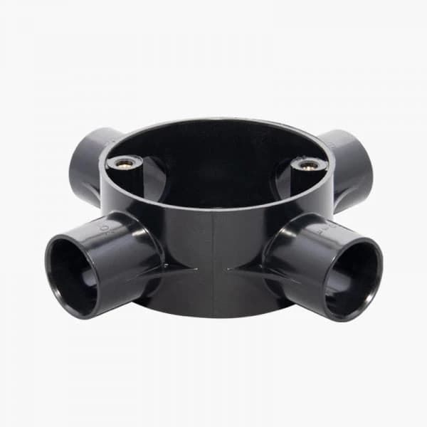 Black Decoduct 20mm four-way round PVC junction box