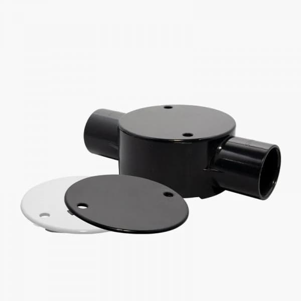 Decoduct round PVC covers shown with a junction box for context